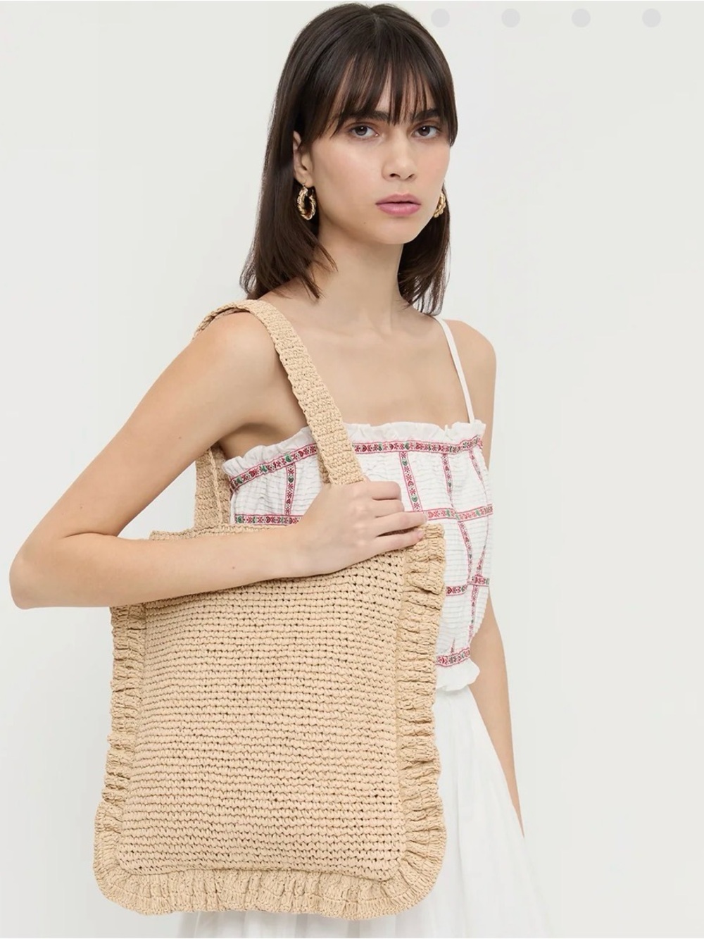 Loeffler Randall Natural Crochet Ruffle-Edge Tote